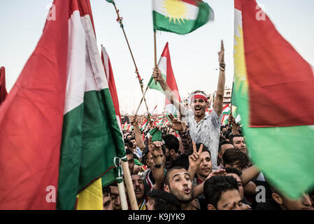 Erbil, Iraqi Kurdistan. 22nd Sep, 2017. Flag Fever at the final Kurdish Independence Referendum rally at the packed out Franso Hariri Stadium in Erbil. 22nd September 2017. Credit: Elizabeth Fitt/Alamy Live News Stock Photo