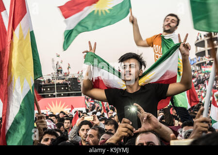 Erbil, Iraqi Kurdistan. 22nd Sep, 2017. Flag Fever at the final Kurdish Independence Referendum rally at the packed out Franso Hariri Stadium in Erbil. 22nd September 2017. Credit: Elizabeth Fitt/Alamy Live News Stock Photo