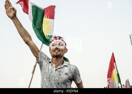 Erbil, Iraqi Kurdistan. 22nd Sep, 2017. Support for an independent Kurdistan at the final rally of the referendum campaign, at Franso Hariri Stadium in Erbil. 22nd September 2017. Credit: Elizabeth Fitt/Alamy Live News Stock Photo