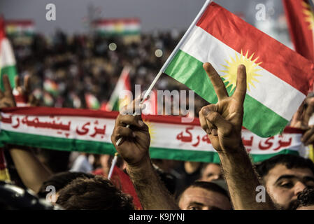 Erbil, Iraqi Kurdistan. 22nd Sep, 2017. Support for an independent Kurdistan at the final rally of the referendum campaign, at Franso Hariri Stadium in Erbil. 22nd September 2017. Credit: Elizabeth Fitt/Alamy Live News Stock Photo