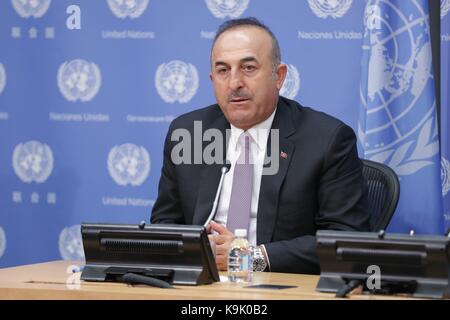 United Nations, New York, USA, September 22 2017 - Turkeys Foreign Minister, Mevlut Cavusoglu briefs journalists on the signing of the Host Country Agreement for the establishment of the Technology Bank for the Least Developed Countries (LDCs) today at the UN Headquarters in New York City. Photo: Luiz Rampelotto/EuropaNewswire | usage worldwide Stock Photo