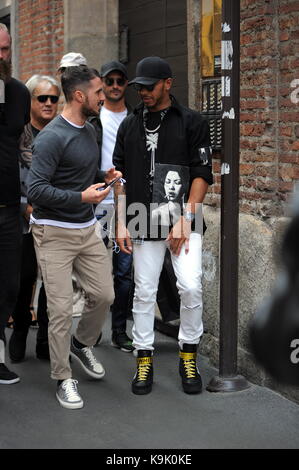 Lewis Hamilton leaves Giuseppe Zanotti's boutique wearing a pair of wearing  Off-White c/o Virgil Abloh sneakers in Milan Featuring: Lewis Hamilton  Where: Milan, Italy When: 23 Sep 2017 Credit: IPA/WENN.com **Only available