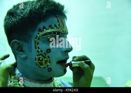 Allahabad, Uttar Pradesh, India. 23rd Sep, 2017. Allahabad: Indian artist dressed as Lord Rama's brother Laxman to take part in ''Rama Barat'' Procession/Lord Rama's marriage procession during a Dussehra festival procession in the old city in Allahabad on September 23, 2017. The ten-day long Hindu festival celebrates the victory of good over evil. Credit: Prabhat Kumar Verma/ZUMA Wire/Alamy Live News Stock Photo