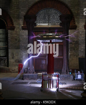 London, UK. 23rd Sep, 2017. The crossness Pumping Station held a demonstration of Tesla Coils, The Tesla coil is an electrical resonant transformer circuit designed by inventor Nikola Tesla in 1891 It is used to produce high -voltage, low current, high- frequency alternating current electricity.Tesla experimented with a number of different configurations consisting of two, or sometimes three, coupled resonant electric circuits, that look like an electric storm in miniature@ Credit: Paul Quezada-Neiman/Alamy Live News Stock Photo