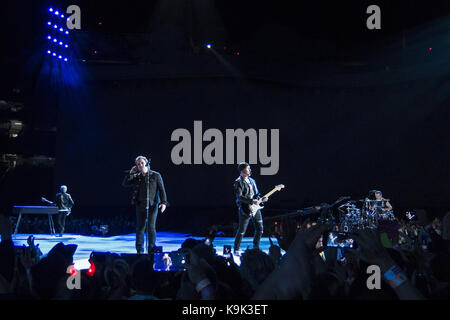 San Diego, CA, USA. 22nd Sep, 2017. September 22, 2017 - San Diego, California, USA- From left, Adam Clayton, Bono, The Edge, and Larry Mullen Jr. of the rock band U2 perform during the final night of U2: The Joshua Tree Tour 2017 at SDCCU Stadium on September 22, 2017 in San Diego, California. Credit: KC Alfred/ZUMA Wire/Alamy Live News Stock Photo
