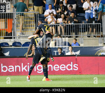 Chester, Pennsylvania, USA. 23rd Sep, 2017. Philadelphia Union celebrate scoring a goal during the match against the Chicago Fire at Talen Energy Stadium in Chester Pennsylvania Credit: Ricky Fitchett/ZUMA Wire/Alamy Live News Stock Photo