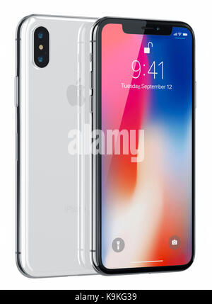 Galati, Romania - September 20, 2017: 3D Render of a two New iPhone X (Ten) Illustrative Editorial Image, on white background. With iPhone X, the devi Stock Photo