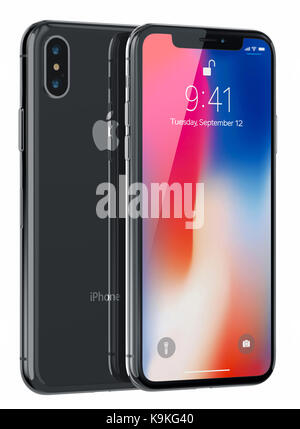 Galati, Romania - September 21, 2017: 3D Render of a New iPhone X (Ten) Illustrative Editorial Image, on white background. Stock Photo