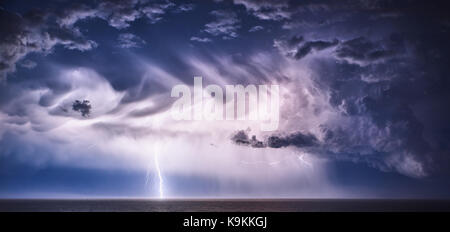 end of summer thunderstorm over Tigullo Gulf, Genoa, Italy Stock Photo