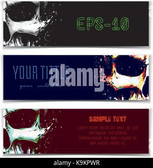 Vector illustration of an artistic render of a human skull. Set of 3 Banners with space for your text. Artwork, splashes and extra splashes text and d Stock Vector