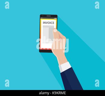 a bill invoice on the smartphone with hand and flat style long shadow Stock Vector