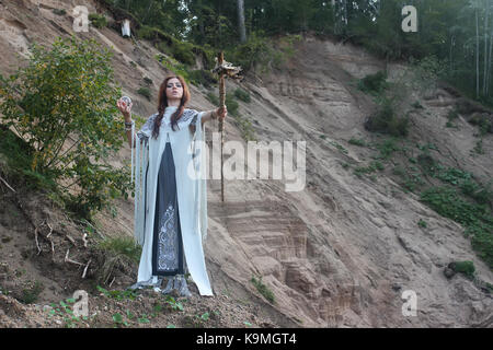 Shaman with Staff and glass ball outdoor Stock Photo