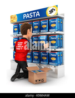 3d seller arranging packs of pasta in supermarket shelve, illustration with isolated white background Stock Photo