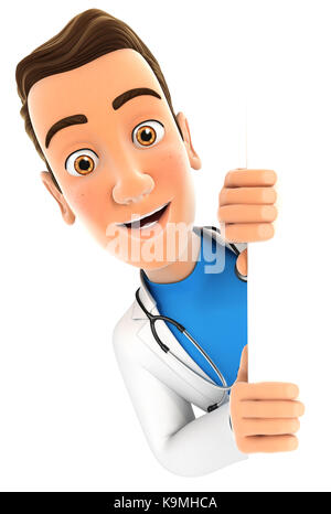 3d doctor peeping over blank wall, illustration with isolated white background Stock Photo