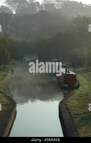 Misty morning, Boats moored on Caldon Canal, Denford, Stoke on Trent, Staffordshire, England, UK, United Kingdom, Europe Stock Photo