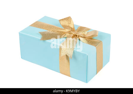 Blue box with present tied by golden ribbon isolated on white Stock Photo