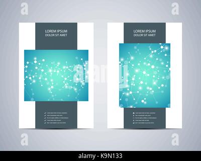 Brochure template layout, flyer, cover, annual report, magazine in A4 size. Structure of molecular particles and atom. Polygonal abstract background. Vector illustration. Stock Vector