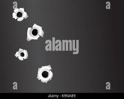 Bullet holes on Black metal grill Abstract background, vector illustration. Stock Vector