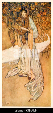 Princess Scheherazade the legendary Persian queen and the storyteller of One Thousand and One Nights. From ‘Stories from the Arabian nights’ by Laurence Housman (1865-1959) showing the legendary Persian queen and the storyteller of One Thousand and One Nights. Illustration by Edmund Dulac (1882-1953). See more information below. Stock Photo