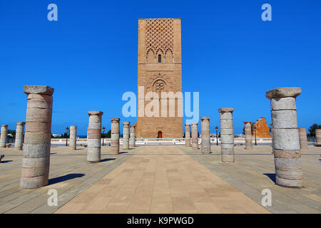 The unfinished Hassan Tower in Rabat, Morocco is an unfinished minaret of the mosque begun by Sultan Yaqub al-Mansur in the 12th entury but never fini Stock Photo