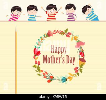 happy Mothers day with wreath and kids Stock Vector