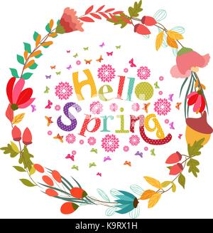 hello spring with flower and butterflies shape of the wreath Stock Vector