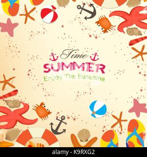 Shells and starfishes on sand background Stock Vector