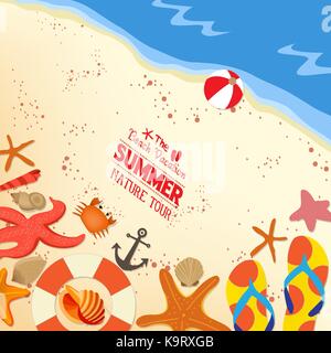 Flip-flops and shells on sand background Stock Vector