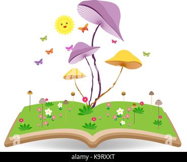 Mushroom gardens and lawns on the book Stock Vector