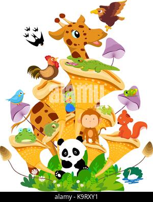 Animals family on the ground. Funny cartoon and vector scene. Objects isolated. Stock Vector