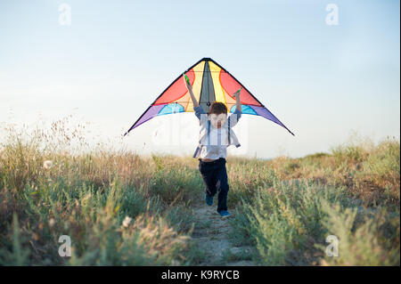 fast little boy runs across the field with colorful kite in his hands over his head Stock Photo