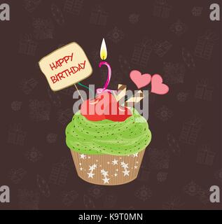 Birthday cupcake with lit candle in shape of number two Stock Vector