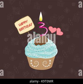 Birthday cupcake with lit candle in shape of number three Stock Vector