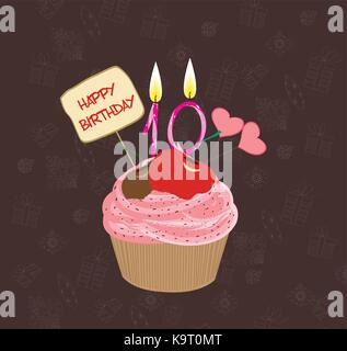 Birthday cupcake with lit candle in shape of number ten Stock Vector