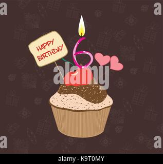 Birthday cupcake with lit candle in shape of number six Stock Vector