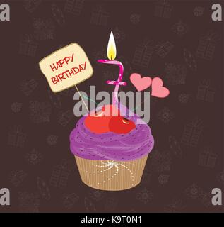 Birthday cupcake with lit candle in shape of number seven Stock Vector