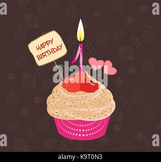 Birthday cupcake with lit candle in shape of number one Stock Vector