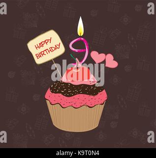 Birthday cupcake with lit candle in shape of number nine Stock Vector