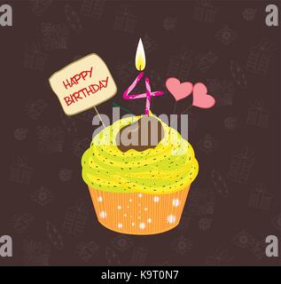 Birthday cupcake with lit candle in shape of number four Stock Vector