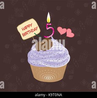 Birthday cupcake with lit candle in shape of number five Stock Vector