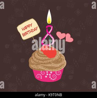 Birthday cupcake with lit candle in shape of number eight Stock Vector
