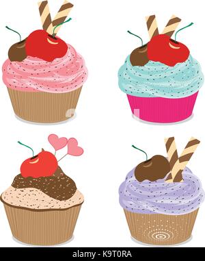 Set of delicious cupcakes isolated on white background Stock Vector