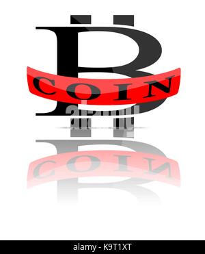 Vector illustration of bitcoin logo with red ribbon isolated on white Stock Vector