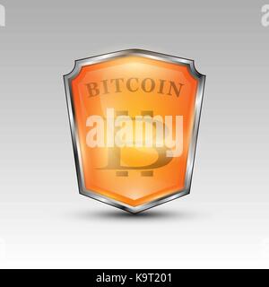 Vector illustration of bitcoin logo in gear placed in red shield. Stock Vector