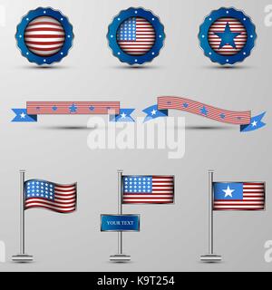 The vector set of design elements with usa symbolics.Ribbons,flags,signs,emblems Stock Vector