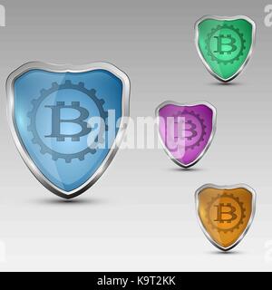 Different colored shields with bitcoinlogo in a gear. Vector illustration. Stock Vector
