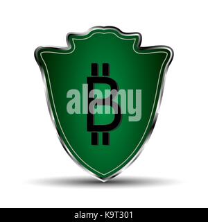 The vector green shield in a metal frame with bitcoin symbol Stock Vector