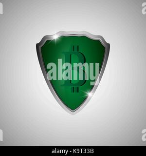 The vector green shield in a metal frame with bitcoin symbol Stock Vector