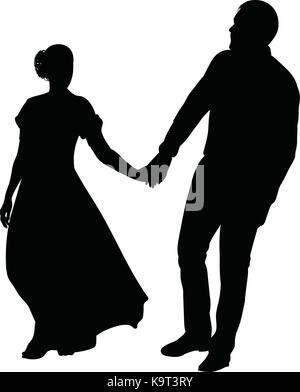 Silhouette of a young guy and a girl in a long dress holding hands - vector Stock Vector
