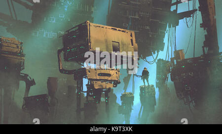 sci-fi scenery of the man in abandoned futuristic city with weird buildings, digital art style, illustration painting Stock Photo